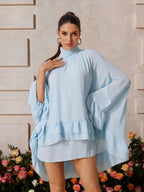 Mock Neck Cape Sleeve Tiered Ruffle High Low Mini Dress