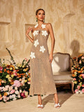 Crochet Floral Applique Halter Keyhole Maxi Dress