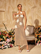 Crochet Floral Applique Halter Keyhole Maxi Dress