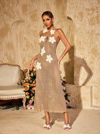 Crochet Floral Applique Halter Keyhole Maxi Dress