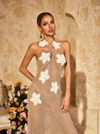 Crochet Floral Applique Halter Keyhole Maxi Dress