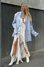 White Spaghetti Strap V Neck Ruffle Trim Lace Patchwork Slit Maxi Dress