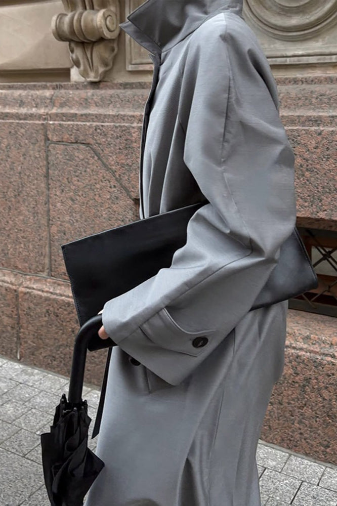 Lazy-Chic European Solid Color Stand Collar Belted Long Overcoat