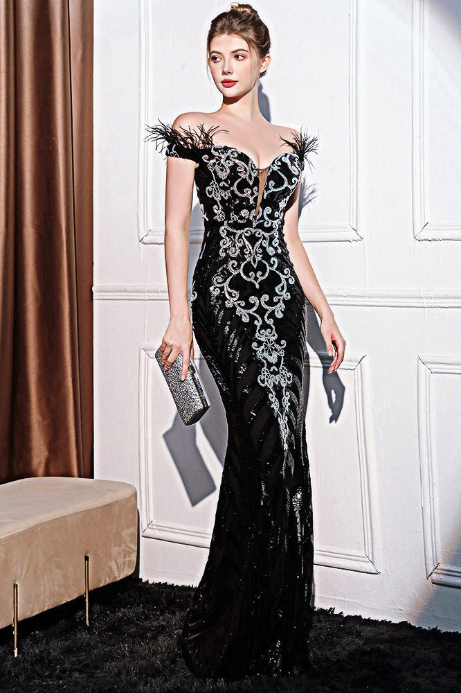 Sequin Embroidered Off Shoulder Feather Trim Mermaid Formal Gown