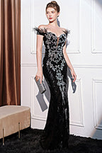 Sequin Embroidered Off Shoulder Feather Trim Mermaid Formal Gown
