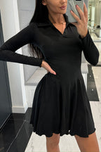 Polo Collar Deep V-Neck Paneled Skater Lettuce Hem Mini Dress