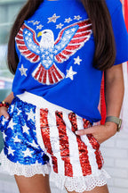 Independence Day Sparkle Shorts: Star & Stripe Sequin Detail with Lace Hem