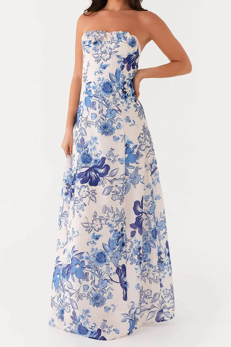 Floral Tile Print Strapless Ruffle Trim Bodycon Maxi Summer Dress