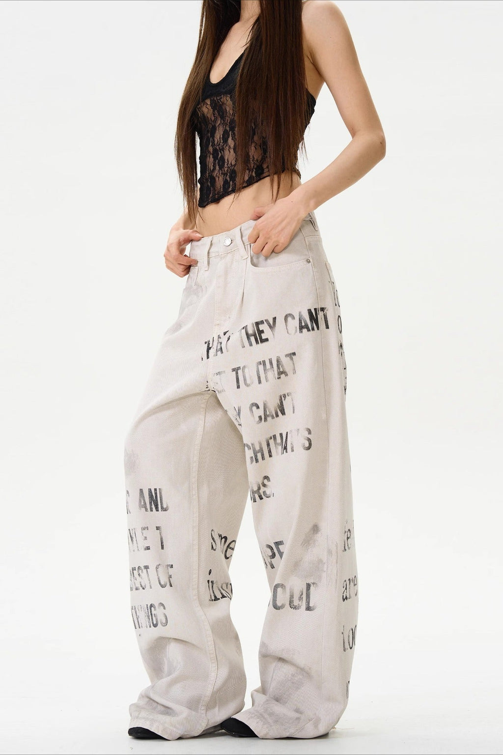 American Vintage Letter Graffiti Chic Slim Fit Jeans