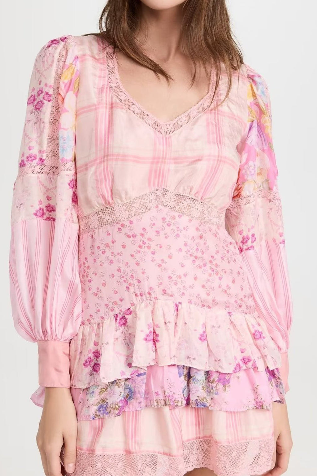Patchwork Floral Long Sleeve Lace Trim Tiered Ruffle Mini Dress
