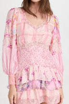 Patchwork Floral Long Sleeve Lace Trim Tiered Ruffle Mini Dress