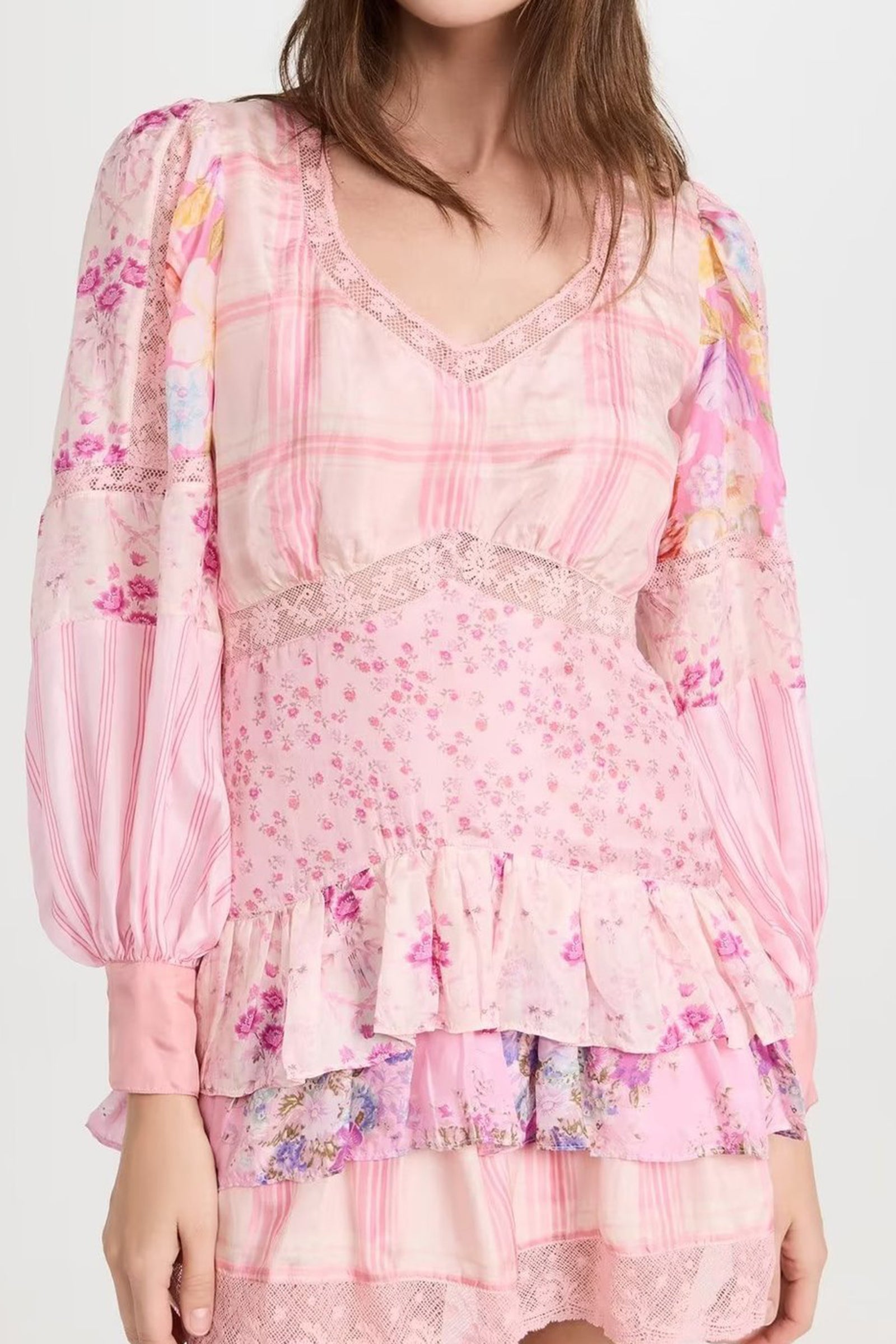 Patchwork Floral Long Sleeve Lace Trim Tiered Ruffle Mini Dress