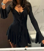 Deep V-Neck Tie Front Ruffle Trim Bell Sleeve Flounce Hem Mini Dress
