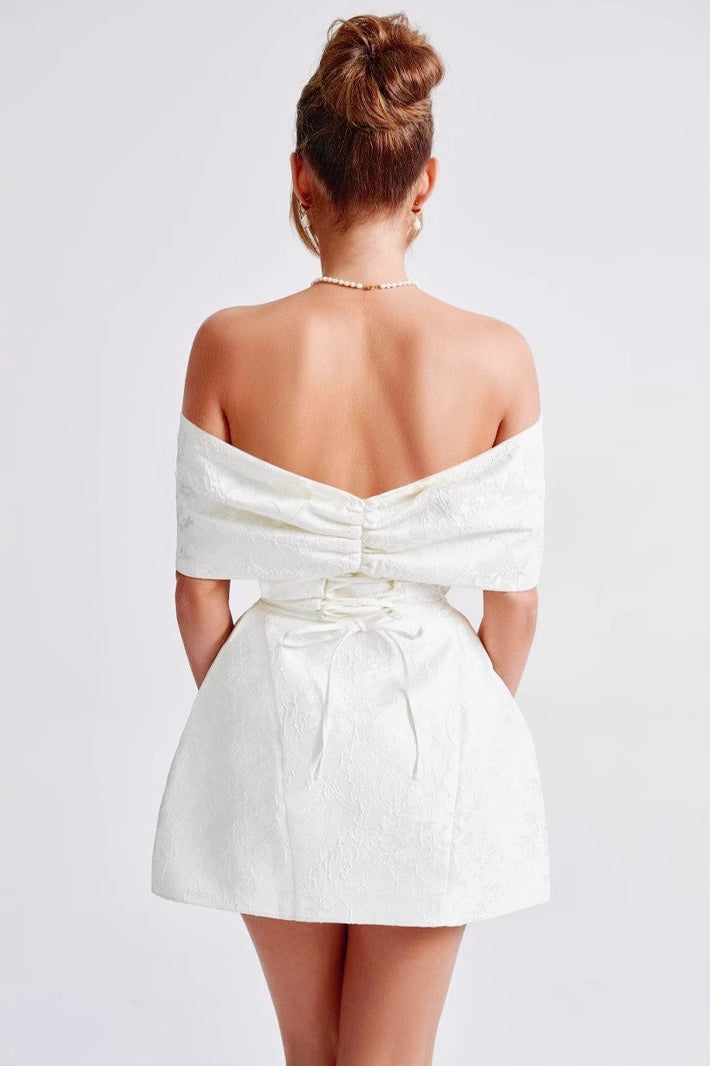 Jacquard Off Shoulder Bow Bustier Fit and Flare Mini Dress