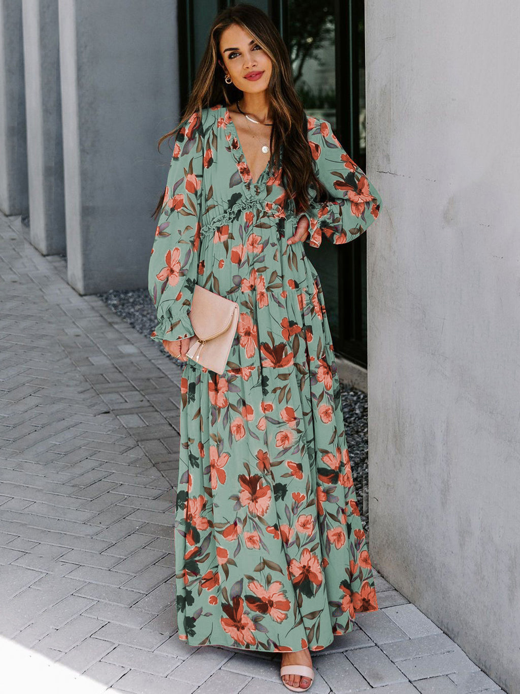 Floral Boho Maxi Dress For Women - High Waist Long Sleeve Ruffle V-Neck Gown - Spring Garden Wedding Guest 2026