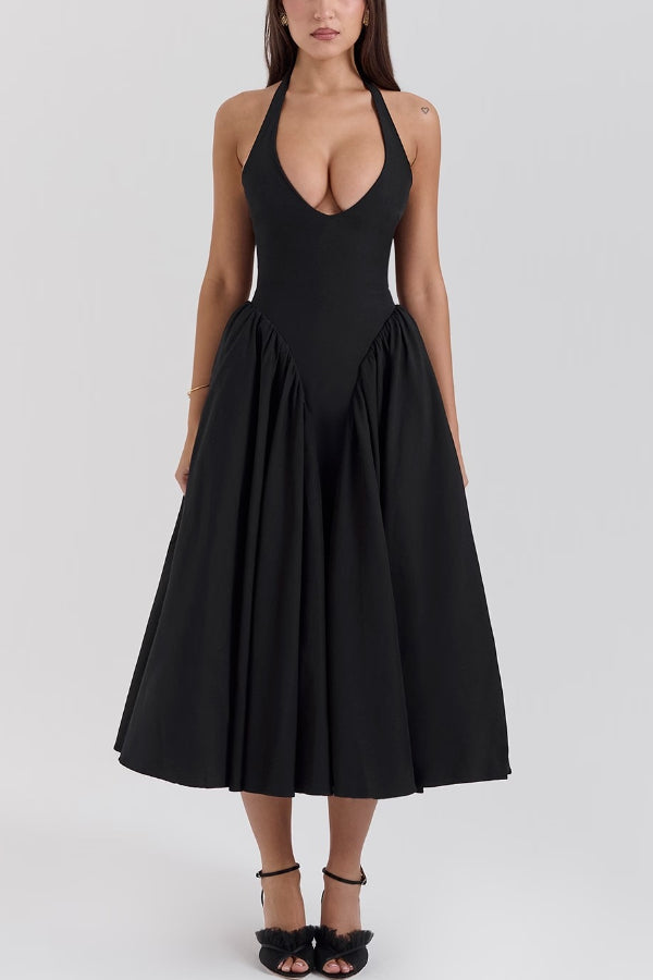 Lilly Timeless Solid a Line Halter Midi Dresses with Deep V Neck Boutique Dress Collection