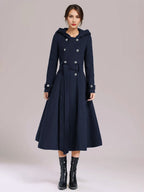Double-breasted Woolen Coat With Hood Burgundy Belted Winter Long Outerwear For Women 2026