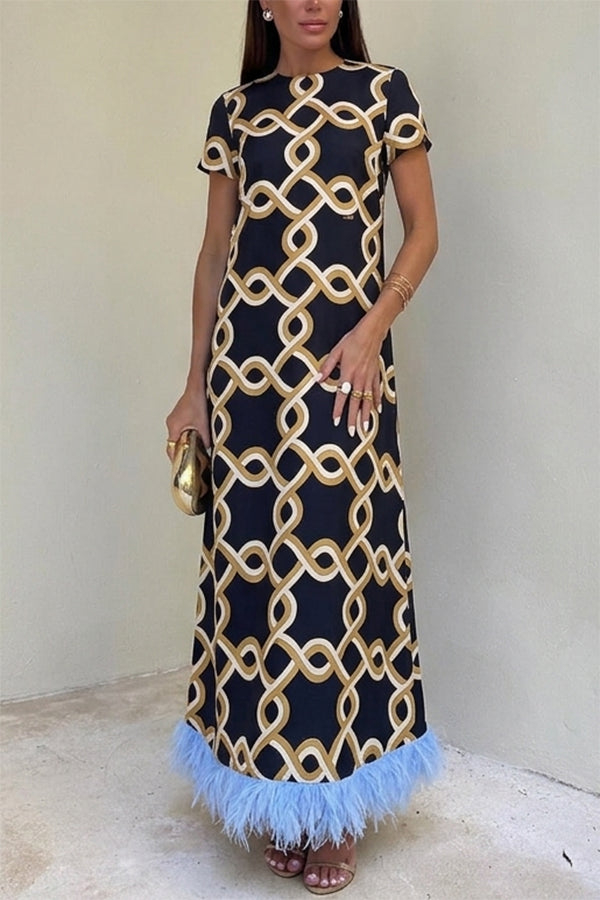 Annalisa Satin Court Style Contrast Color Printed Short Sleeve Pocket Feather Trim Maxi Dress
