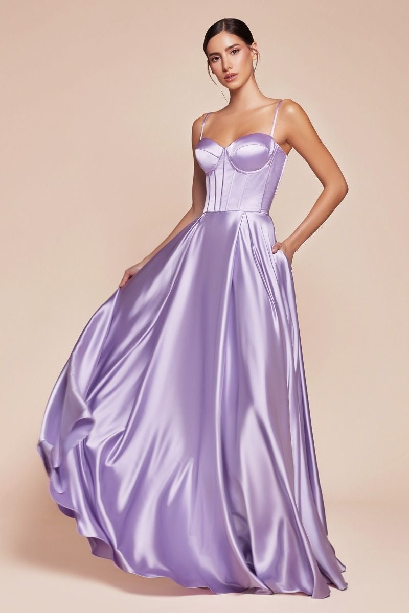 Satin Corset Sweetheart Neck Spaghetti Strap High Slit Maxi Gown