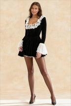 Velvet Square Neck Lace Trim Flared Cuff Long Sleeve Fit and Flare Mini Dress