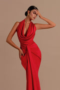 Satin Halter Neck Cowl Draped Knot Waist Front Panel Column Maxi Gown