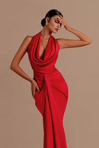 Satin Halter Neck Cowl Draped Knot Waist Front Panel Column Maxi Gown