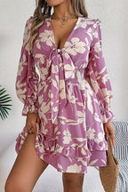 Floral Print Tie Front Deep V-Neck Smocked Waist Tiered Ruffle Mini Dress