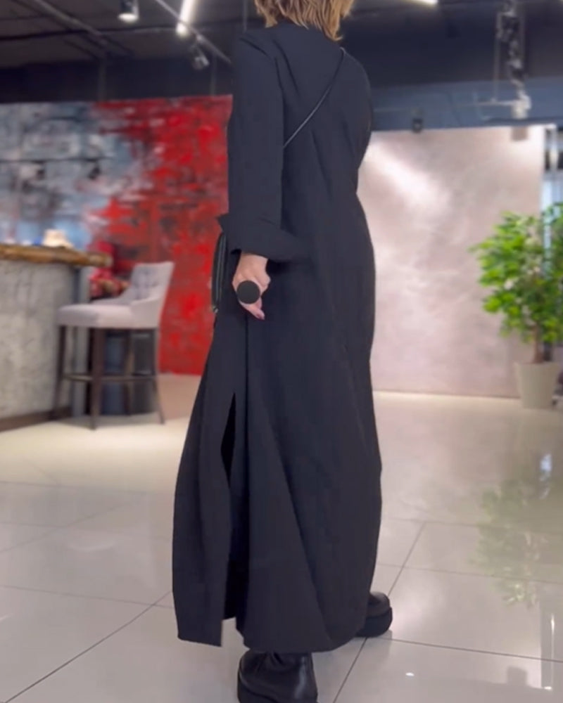 Rebeca Statement Loose Long Dress with Lapels and Side Slit Designer Edit