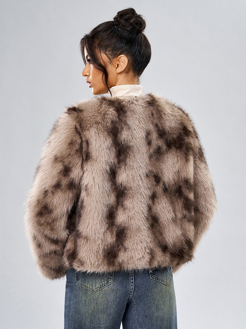 Faux Fur Coats Long Sleeves Casual Faux Fur Jacket Jewel Neck White Women Coat