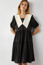 Oversized Pointed Collar Tiered Ruffle Puff Sleeve Mini Dress