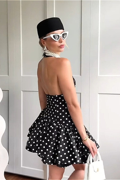 Polka Dot Halter Deep V-Neck Fit and Flare Mini Dress