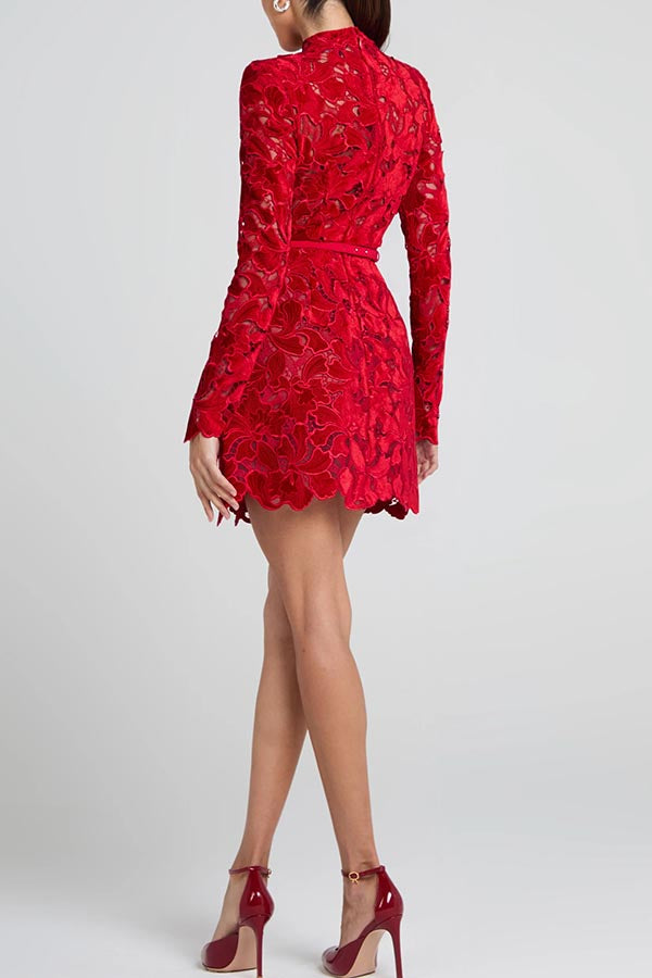 Burnout Velvet Floral Lace Mock Neck Long Sleeve Bodycon Mini Dress