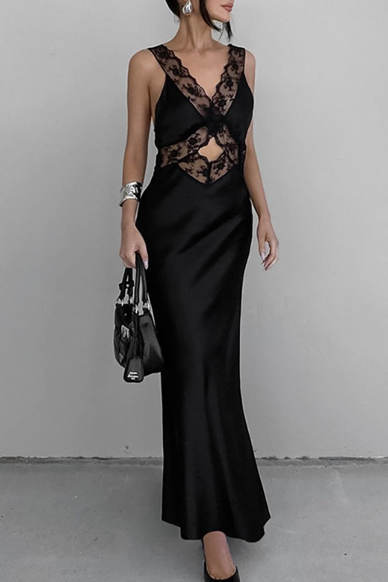 Satin Deep V-Neck Lace Panel Cut Out Spaghetti Strap Maxi Dress
