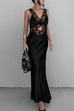 Satin Deep V-Neck Lace Panel Cut Out Spaghetti Strap Maxi Dress