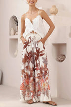 Leaf Print Casual Elastic Waist Pocket Loose Wide-leg Pants