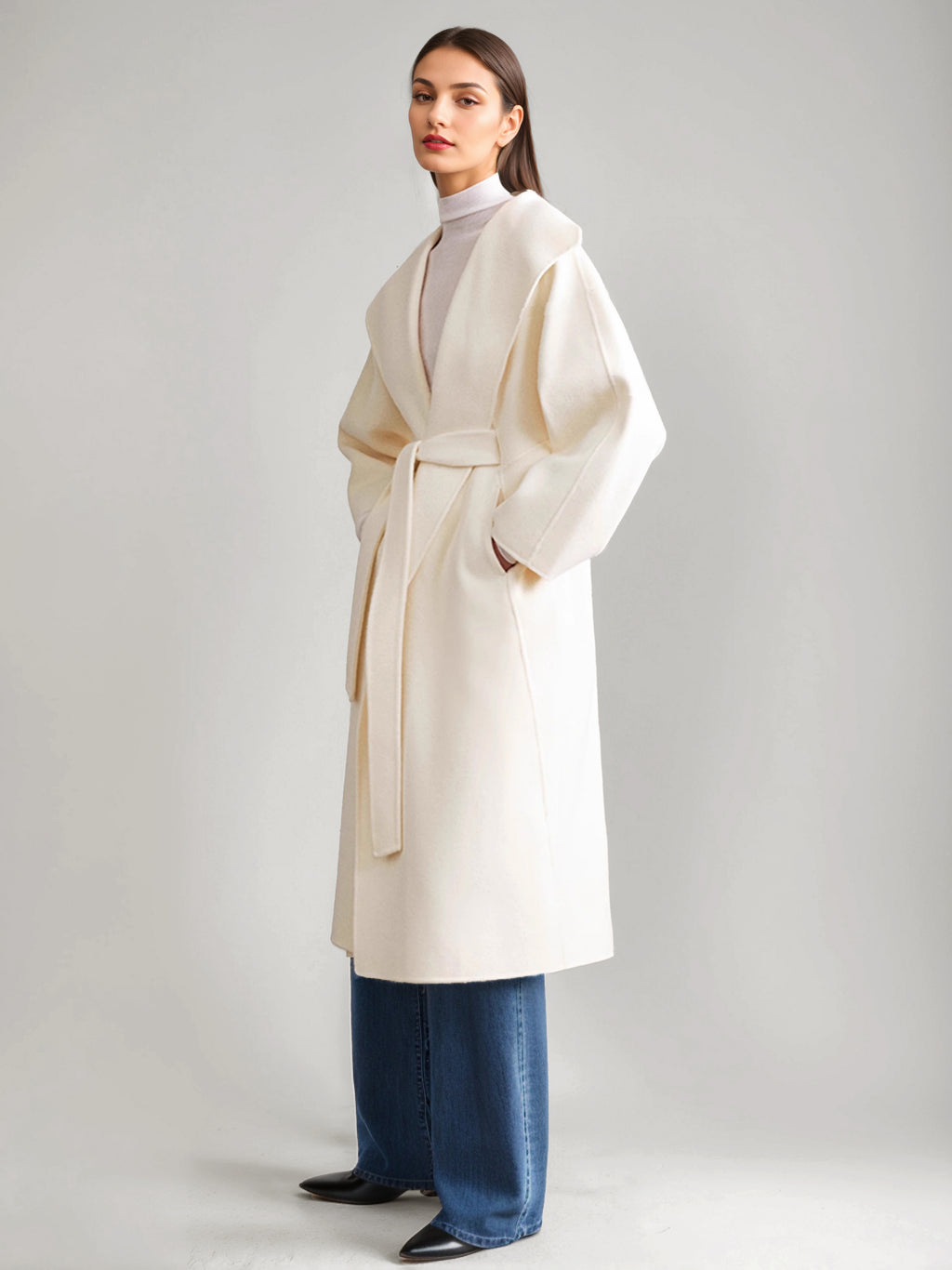 Wool Cashmere Blend Coat White Wide Lapel Double-Faced Belted Winter Outerwear For Women 2026
