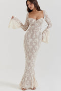 Lace Square Neck Milkmaid Tie Front Corset Seam Bell Sleeve Mermaid Maxi Dress