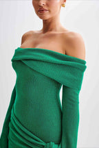 Off Shoulder Ribbed Knit Flared Sleeve Wrap Tie Mini Dress