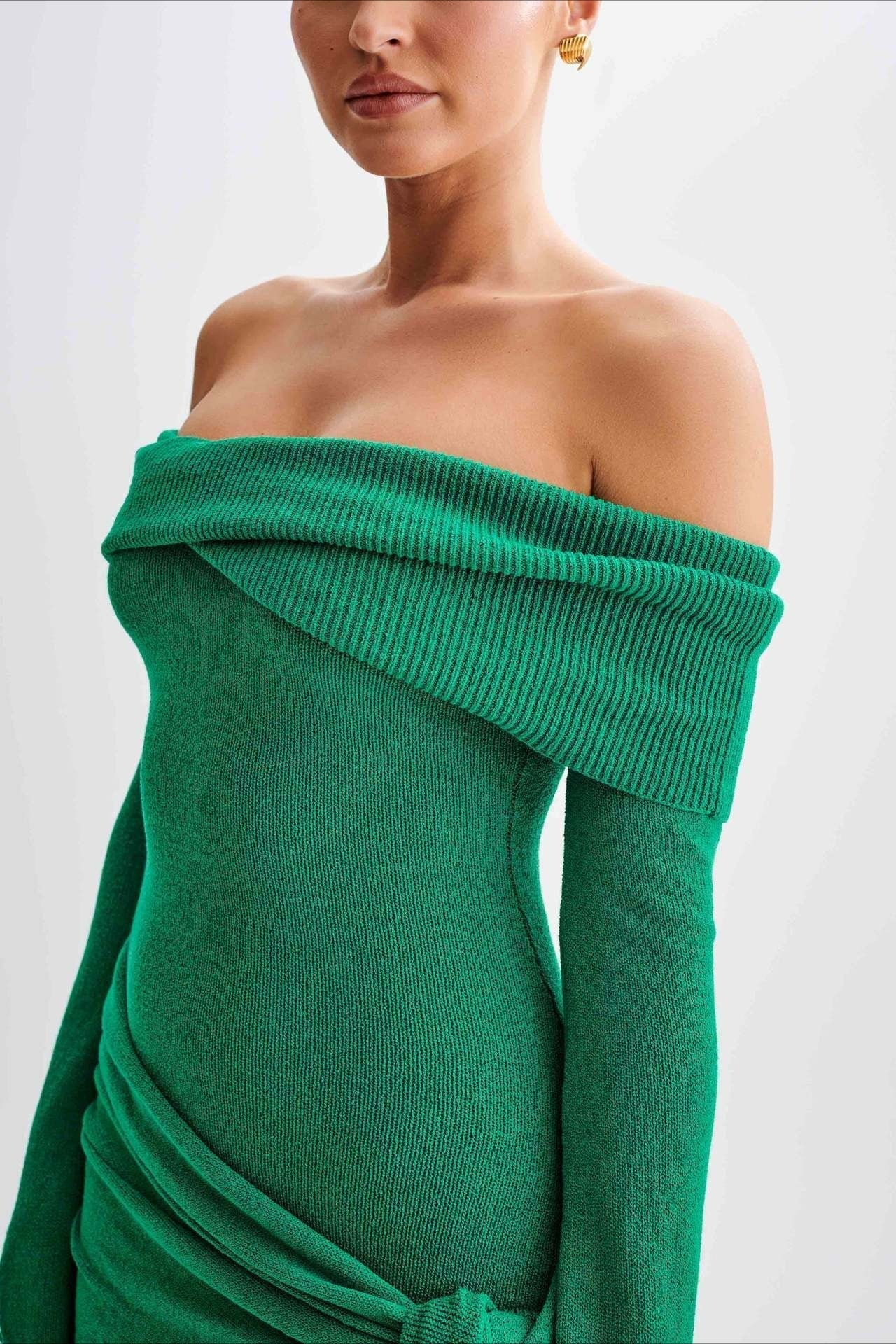 Off Shoulder Ribbed Knit Flared Sleeve Wrap Tie Mini Dress