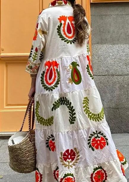 Suzani Floral Embroidery Tiered Collar Long Sleeve Maxi Shirt Dress