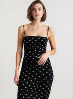 Polka Dot Spaghetti Strap Square Neck Ruched Side Bodycon Midi Dress