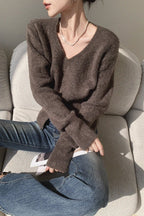 Brown V-Neck Soft Knit Top