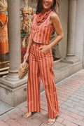 City Outfit Colorful Stripes Button Up Vest and Elastic Waist Pocket Loose Pants Set