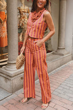 City Outfit Colorful Stripes Button Up Vest and Elastic Waist Pocket Loose Pants Set