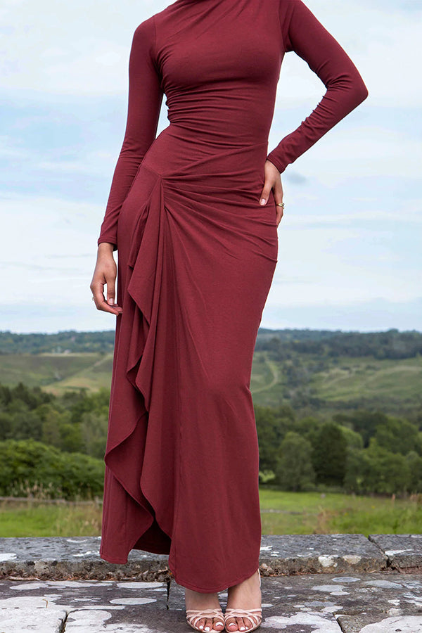 Long Sleeve Crew Neck Side Ruched Cascading Drape Panel Maxi Dress