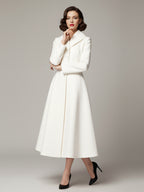 Vintage Unique Lapel A-line Woolen Flared Coat In White For Women 2026