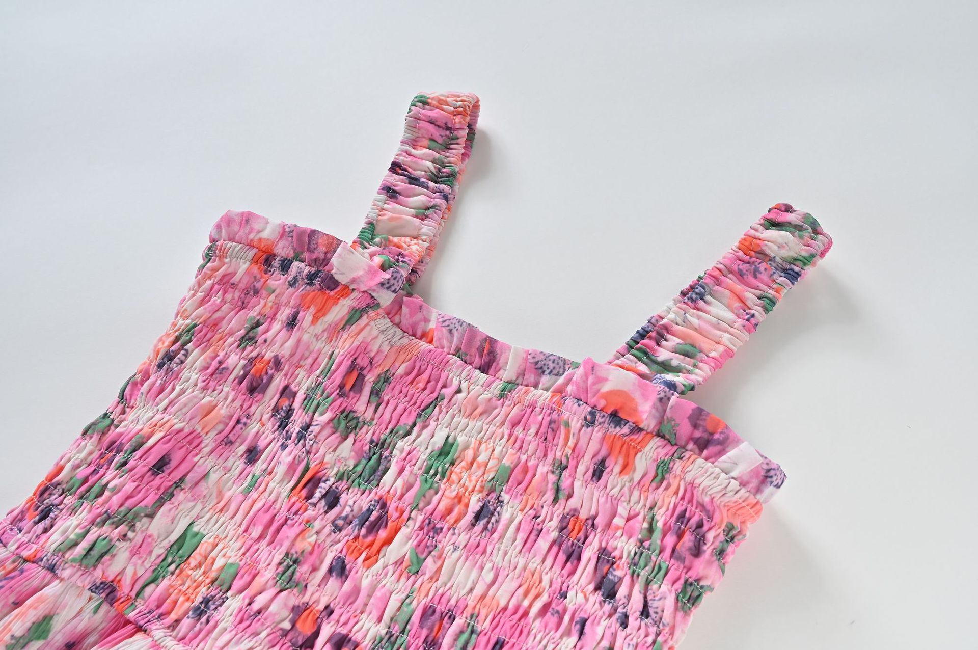 Square Neck Smocked Bodice Tiered Ruffle Floral Print Maxi Dress