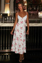 Pink Spaghetti Strap Deep V Lace Cup Floral Print Bodycon Maxi Dress
