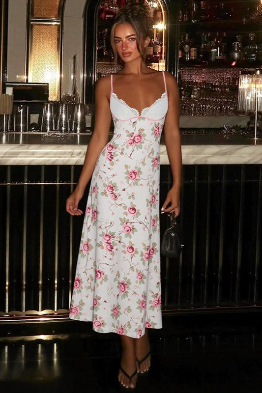 Pink Spaghetti Strap Deep V Lace Cup Floral Print Bodycon Maxi Dress