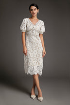 Lace Overlay Plunging V-Neck Rhinestone Trim Puff Sleeve Midi Dress